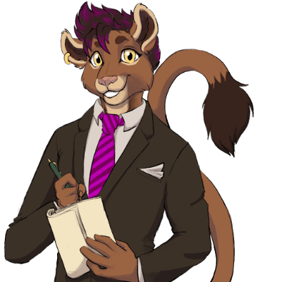 A lion with a purple tuft of hair and a golden earring listens attentively while dressed in a sharp business suit.